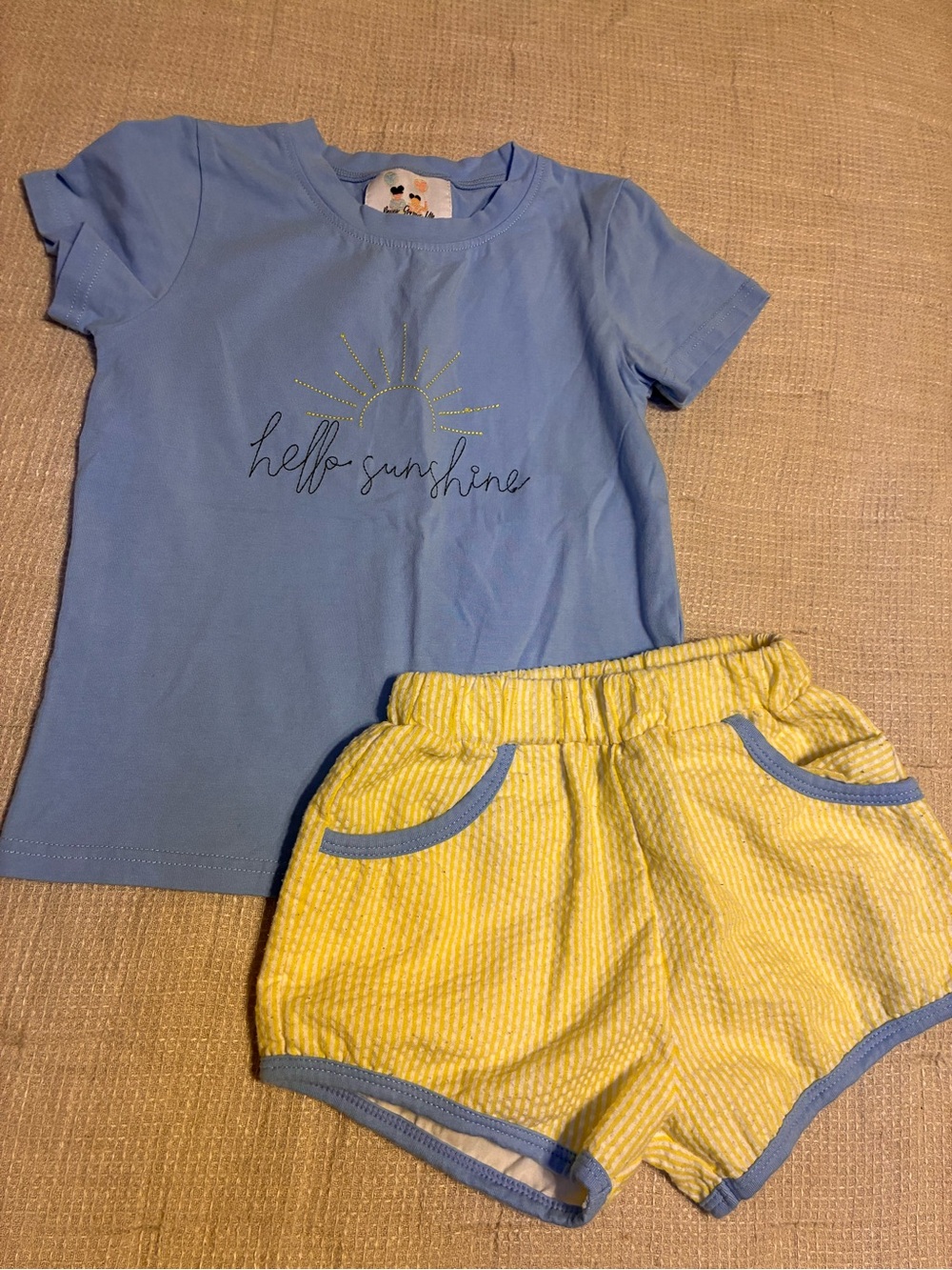Hello Sunshine Blue Tee & Yellow Stripe Shorts Set